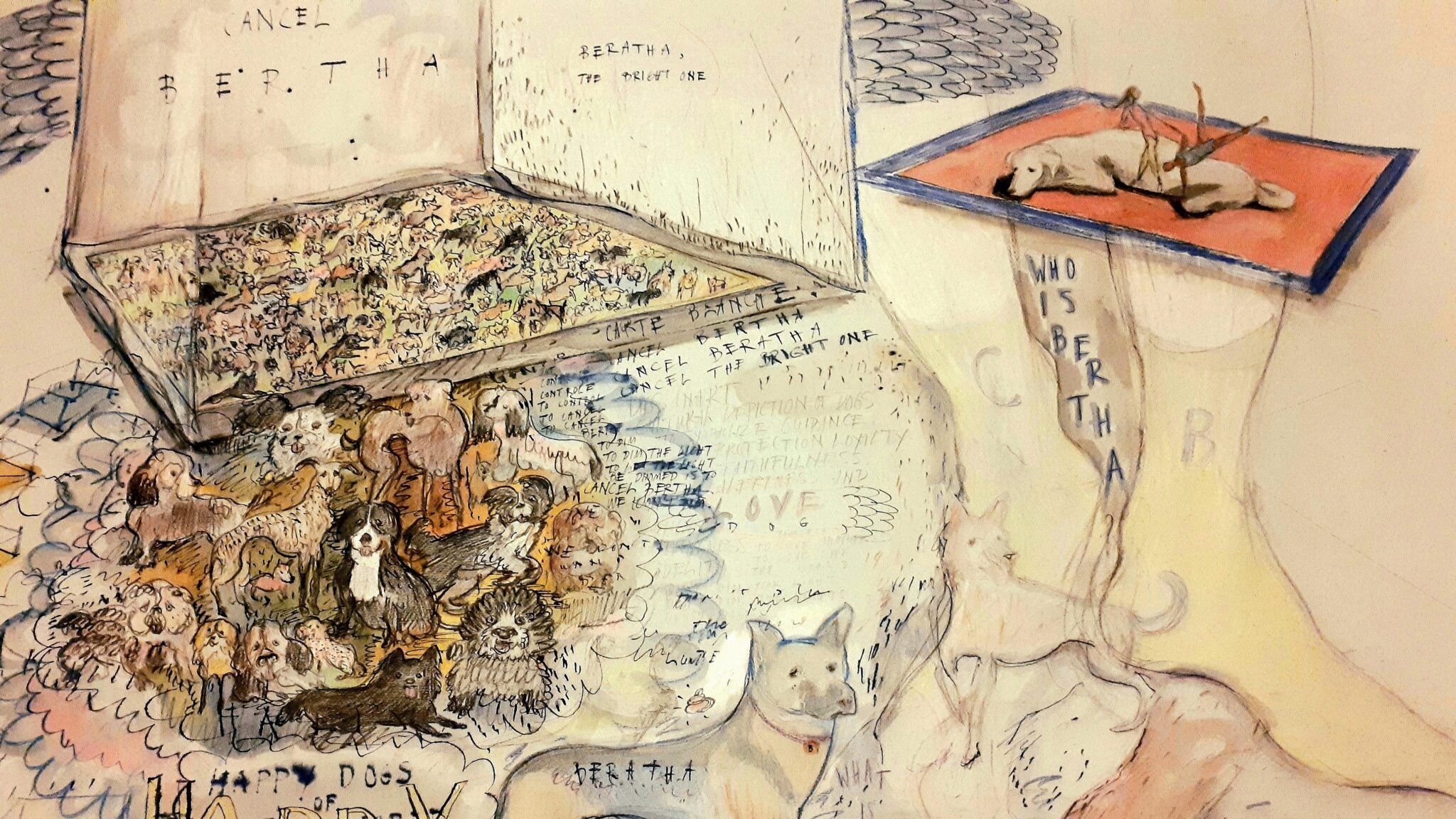 Sketch collage with handwritten notes, many dogs, and a dancer figure on a dog-shaped platform. Skissekollasj med håndskrevne notater, mange hunder og en danserfigur på en hundeformet plattform.