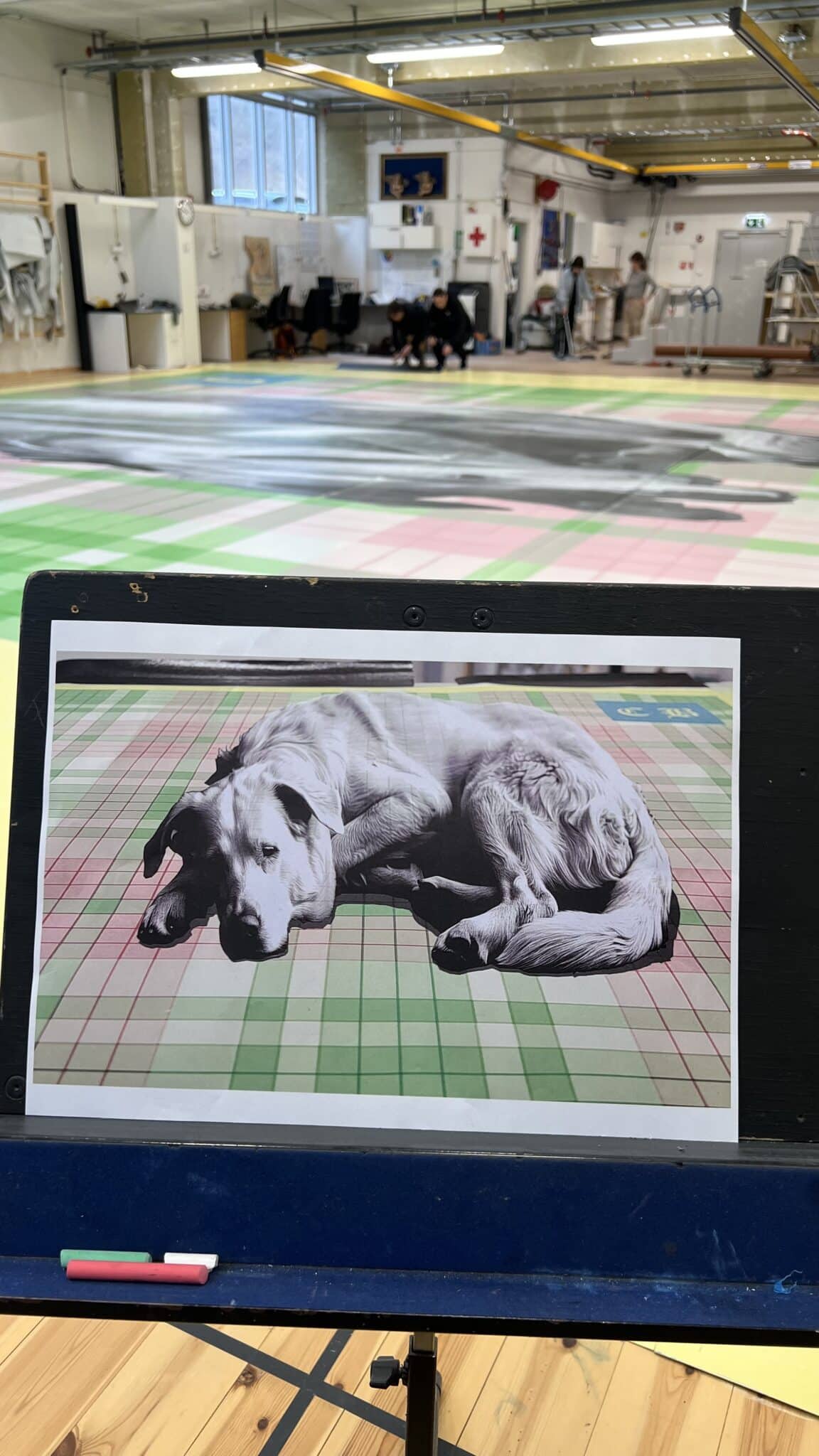 Printed sketch of the dog on the tartan rug placed in front of the nearly finished painted floor. Printet skisse av hunden på det rutete teppet foran det nesten ferdigmalte gulvet.